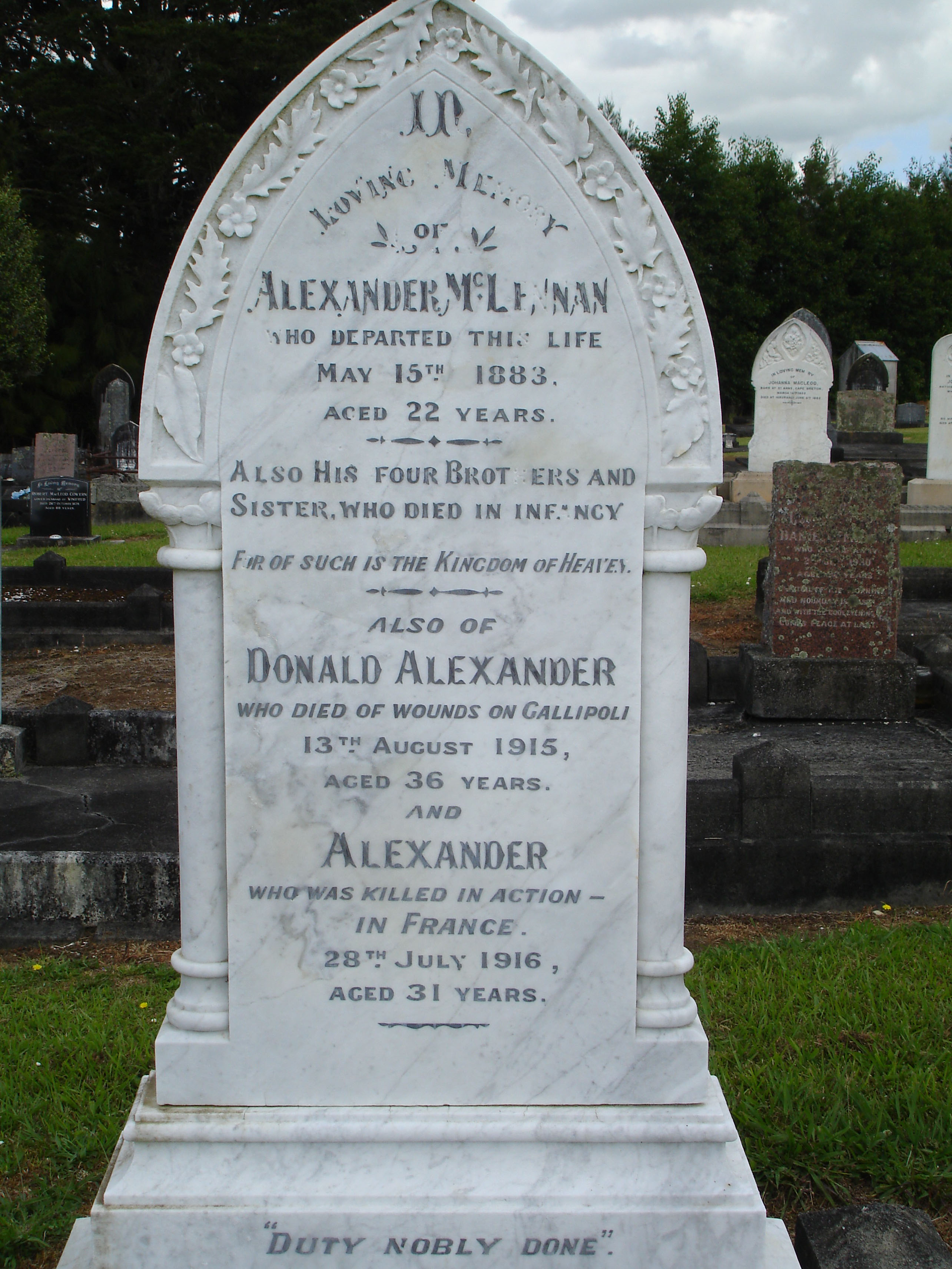 Photo of headstones/Alexander McLennan d1883 hdstn Kauri Pres Chyd
